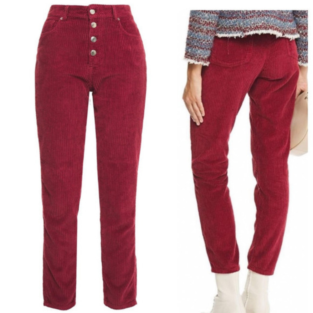 IRO Paris Corduroy Slim Pant Size 24 in Burgundy button fly raw hem upcycle